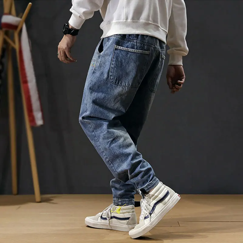 80% OFF Japanese Fashion Men Jeans Blue Color Loose Fit Big Pocket Denim Cargo Pants Harem Trousers Size S-5XL Hip Hop Joggers Jeans Men