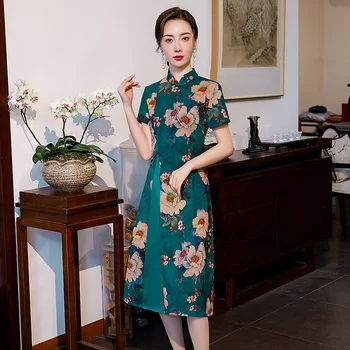 

Green Spring Women Sexy Rayon Aodai Dress Print Flower Chinese Style Evening Party Qipao Handmade Button Vintage Cheongsam M-4XL