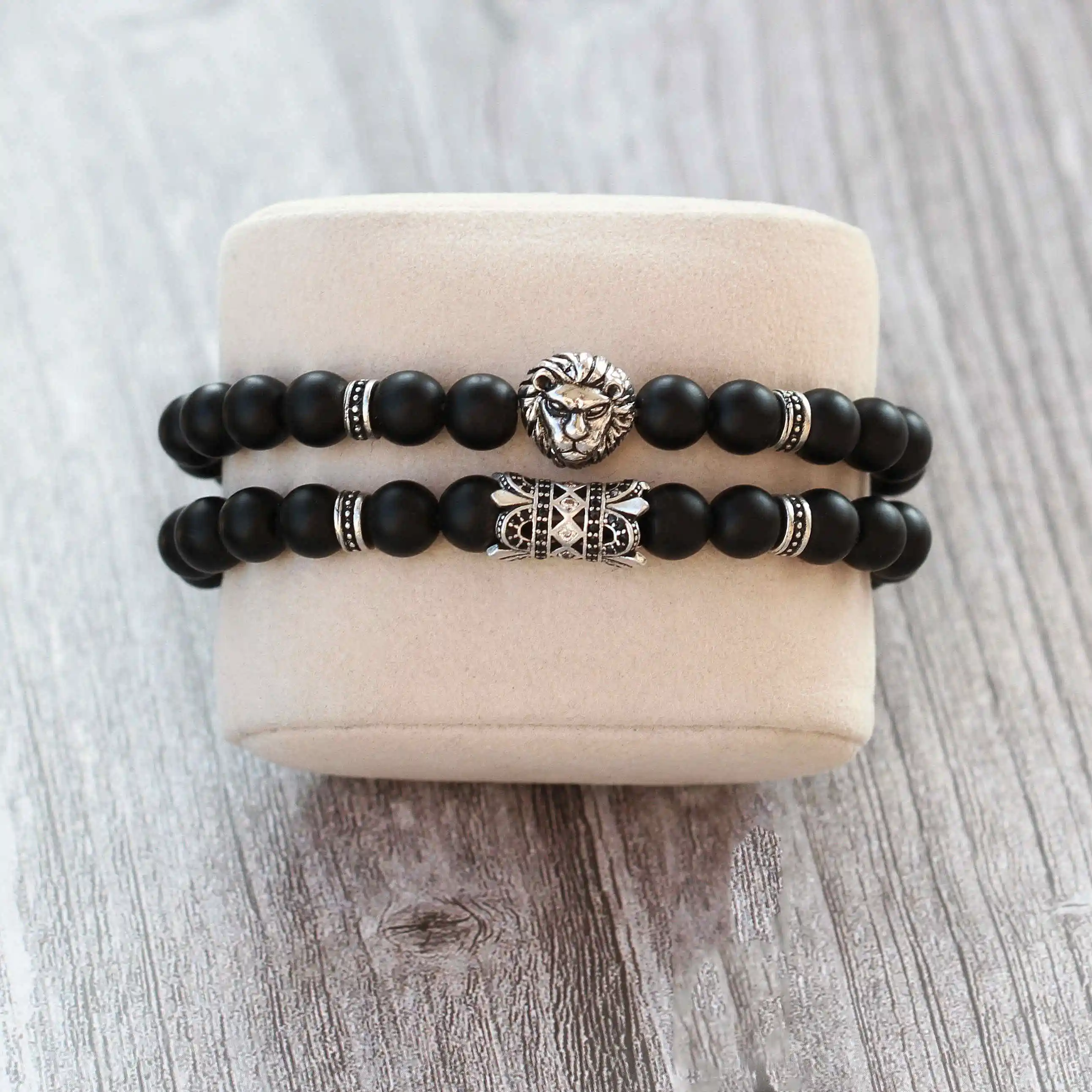 bracelet men 2 2 шт./компл. Корона Череп Браслет Для мужчин Для женщин классический Винтаж Стиль матовые бусины камень Homme Подвеска на браслет в виде якоря для пары ювелирные изделия - Окраска металла: bracelet men 2