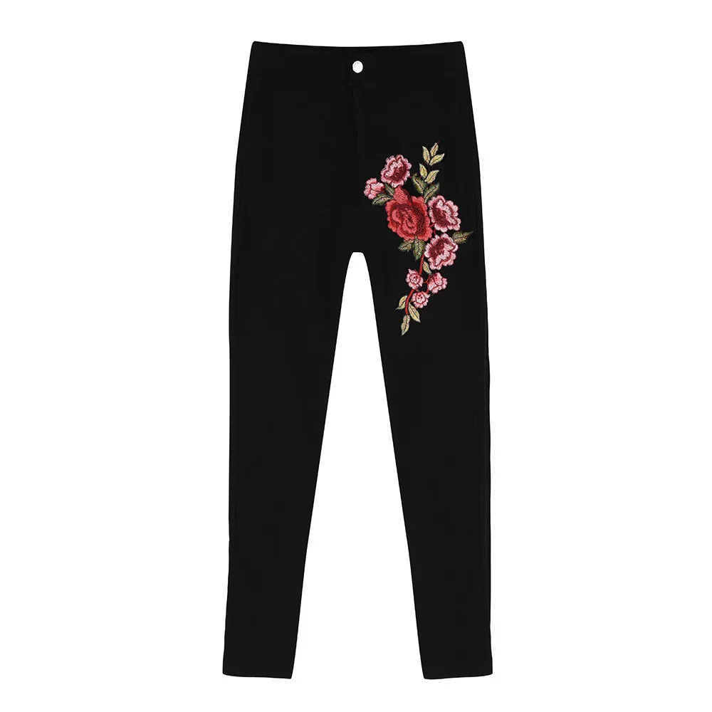 Женские сексуальные Стрейчевые обтягивающие джинсы с высокой талией, большие размеры, джинсы из денима с кнопками, карманами, вышитыми цветами, повседневные узкие джинсы-карандаш# B - Цвет: Черный