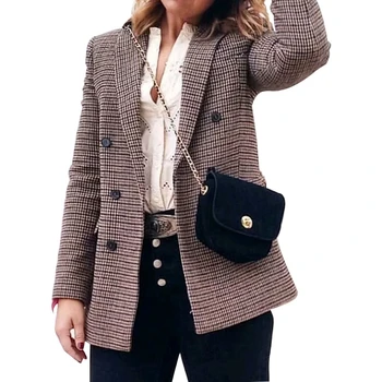 

Vintage Casual Plaid Blazer Women Fashion Double Breasted Office Ladies Jacket Coat Notched Collar Long Sleeve Suits