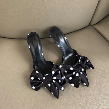 

Butterfly-knot Woman Silk Slippers Polka Dot Thin Heels Sexy Lady Pointed Toe Outdoor Med Heel Shoes Plus Size Autumn Spring