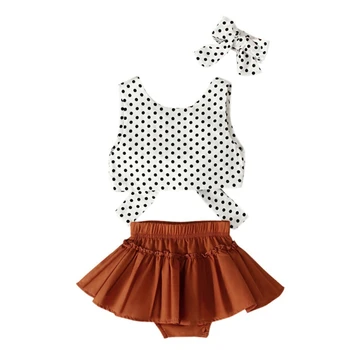 

Summer Baby Girl Clothes Casual Sleeveless Strap Bow Design T-shirt Tops+Shorts+Headband Costume Set 1