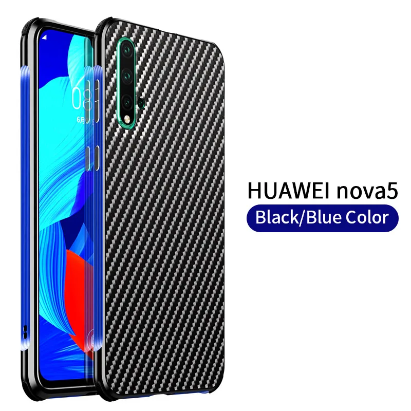 Чехол для huawei P20 P20Pro Nova 4 5 Honor 20 корпус из углеродного волокна металлический бампер Рамка PC Защитная задняя крышка чехол Аксессуары - Цвет: Синий