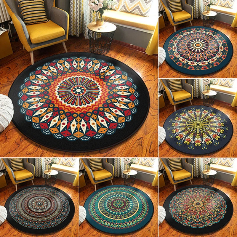 

Ethnic Wind Non-slip Round Carpet Floor Mat Mandala Printing Coffee Table Hanging Basket Living Room Crystal Velvet Area Rug