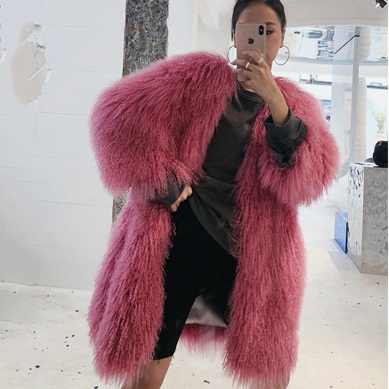 Женское пальто из монгольской овчины rf2009 розовое с натуральным мехом полностью