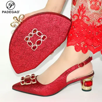 

Red Color Christmas Special Design with Shinning Crystal Comfortable Heels Matching Shoes and Bag Set for Royal Party