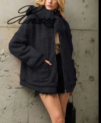 

2019 autumn and winter new European and American coat imitation fur collar detachable loose plush coat Xnxee S-3XL