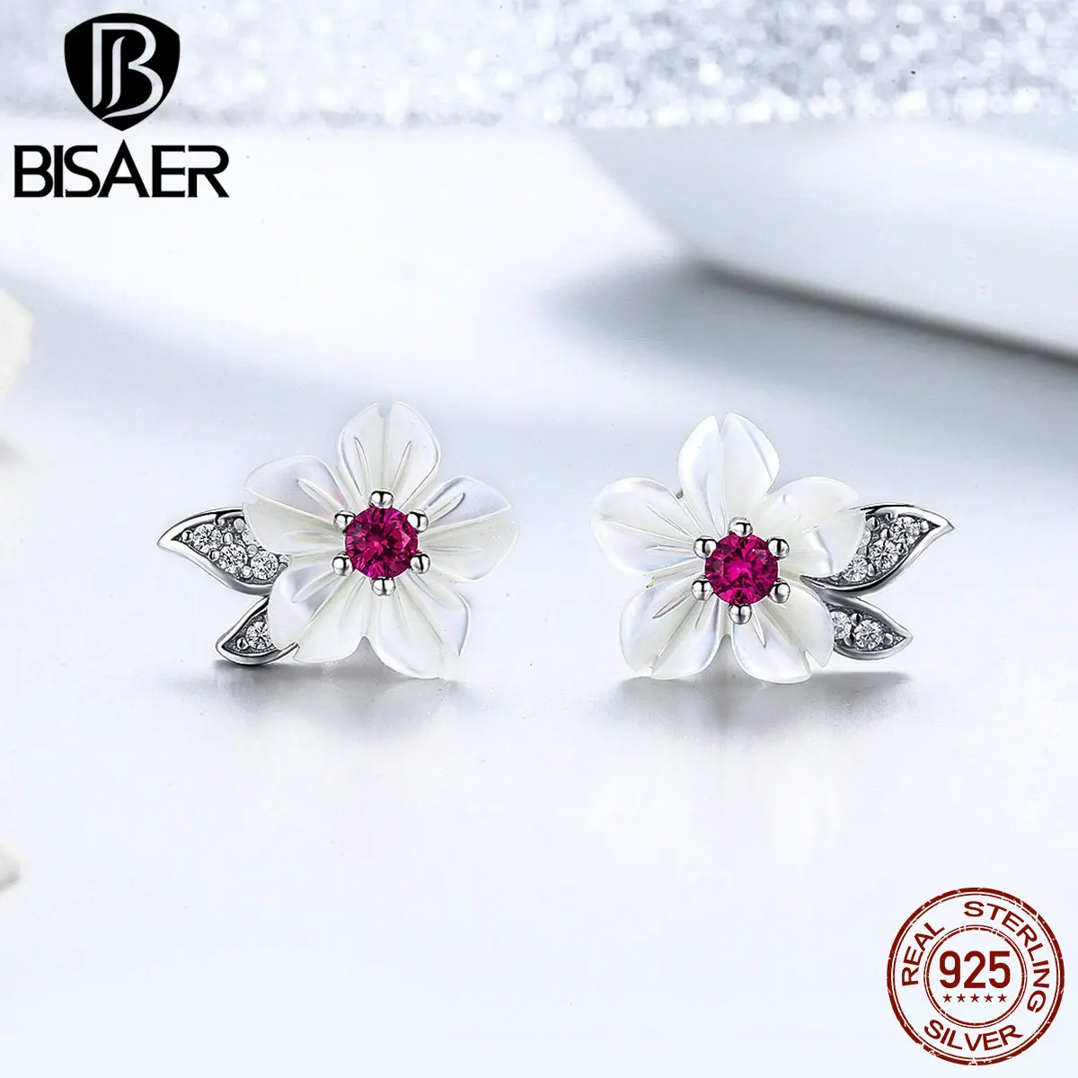 BISAER 925 пробы серебряные серьги-гвоздики с цветущими ракушками Цветок Орхидея маленькие женские серьги ювелирные изделия из стерлингового серебра EFE055