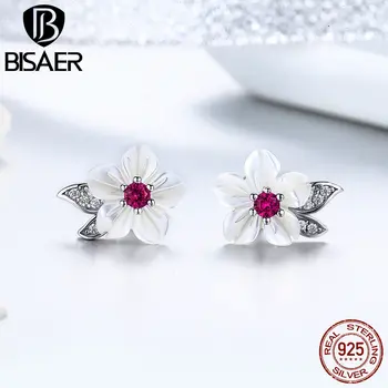 BISAER 925 Sterling Silver Blooming Shell Flower Stud Earrings Orchid Flower Small Women Earrings Sterling Silver Jewelry EFE055