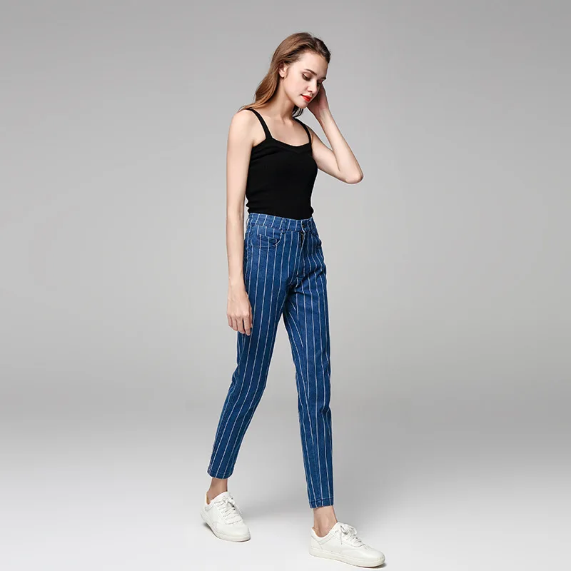 

Stripe Jeans Women Denim Cotton Elastic High Waist Blue High Waist Blue Pencil Casual Pants Slim Size Long Stretch Pant Apparel