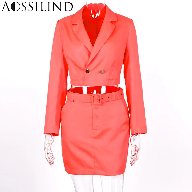 AOSSILIND осень длинный рукав Женский блейзер и юбка набор пояс с вырезами тонкие сексуальные пуговицы комплект из двух предметов костюмы - Цвет: Розовый