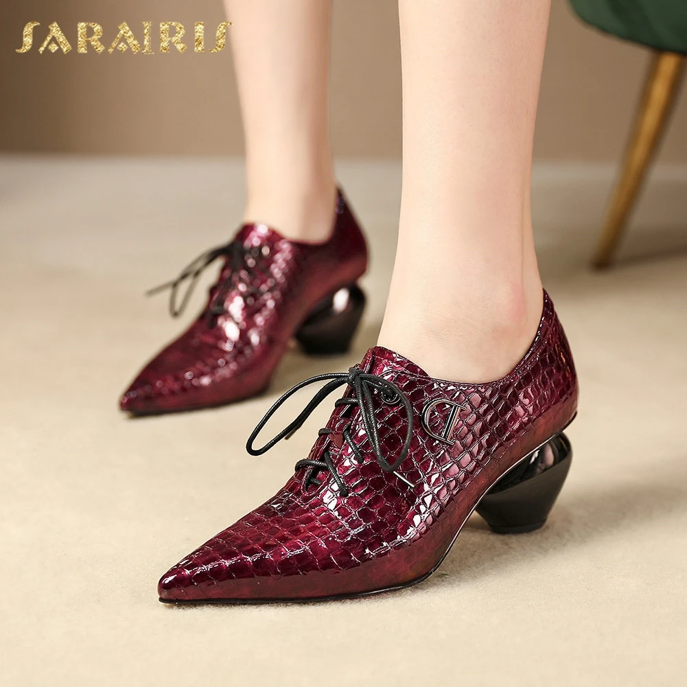 

Sarairis Design Hot Sale Genuine Leather Strange Style Shoes Woman Pumps Lace Up Pointed Toe Spring/Autumn Pumps Women Shoes