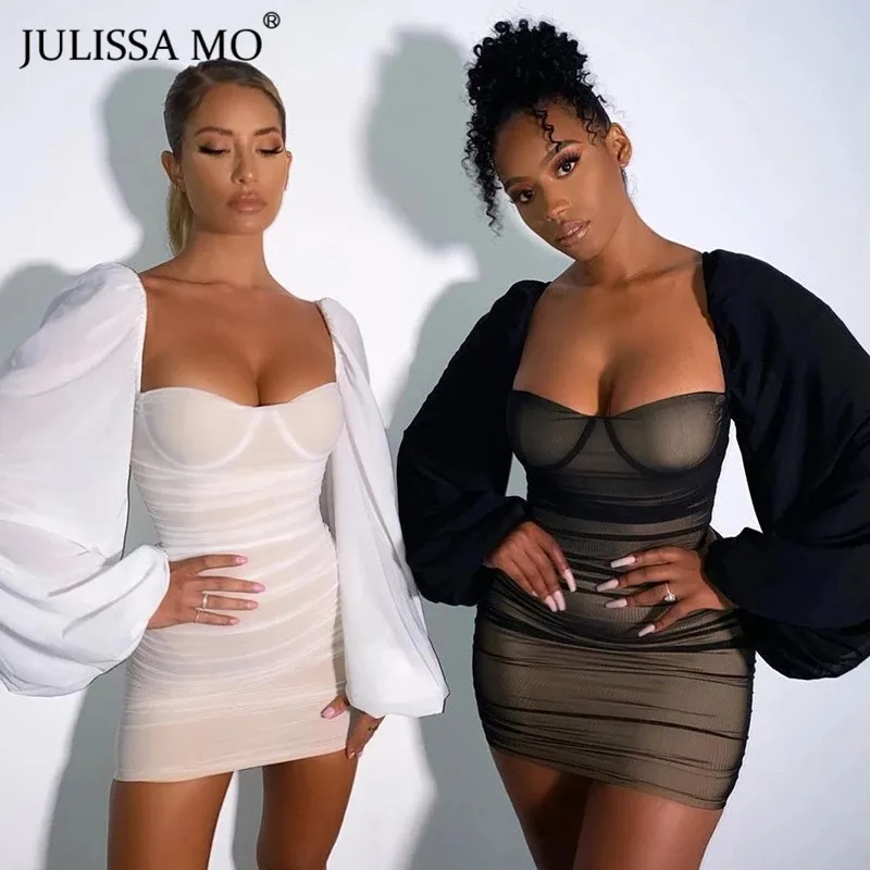 Женское облегающее платье Julissa Mo с оборками и квадратным вырезом пышными рукавами Элегантное зимнее для