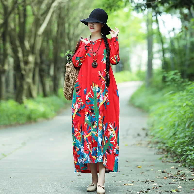 

2018 Autumn New Style Literature And Art Fat Mm Cotton Linen Medium-length Dress Loose-Fit Slimming Elegant Long Sleeve Floral D