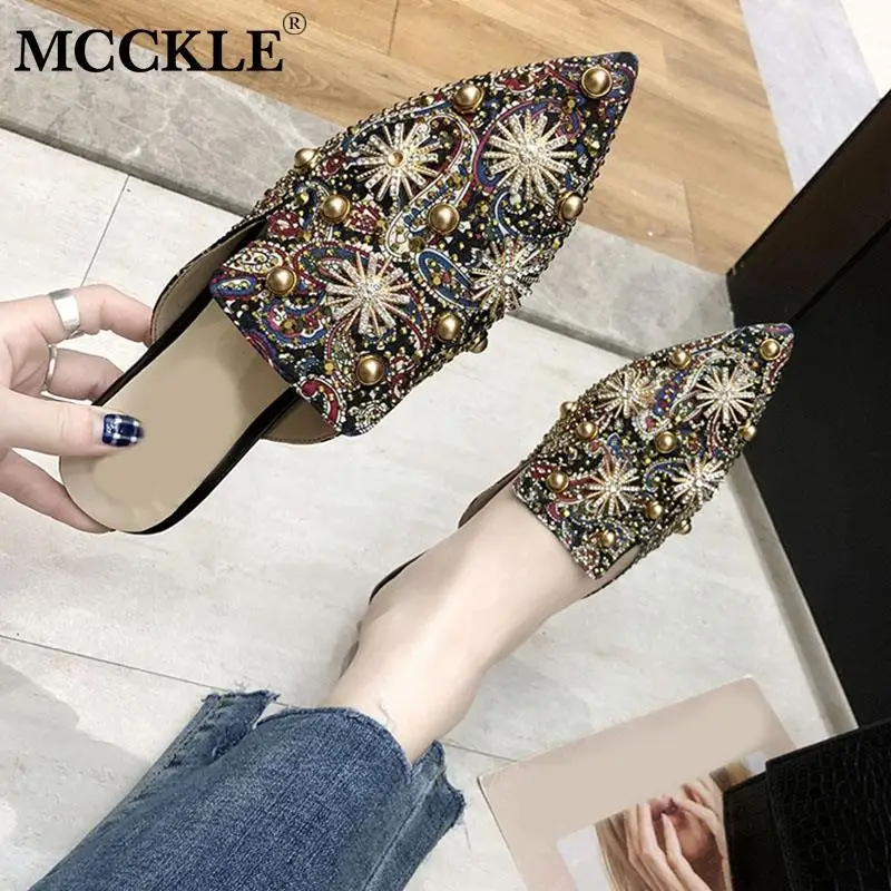 

MCCKLE New Summer Women Slippers Sexy Pointed Toe Woman Shoes Fashion Rhinestone Bling Slip On Ladies Printing Flat Footwear
