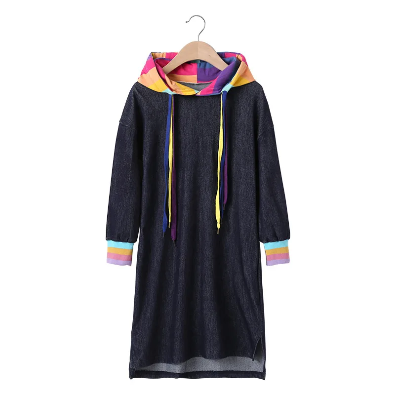 Girls denim dress Blue Rainbow Teen Girl Long Sleeve Dresses T Shirts Hooded Autumn Kids Clothing Casual Children Clothes