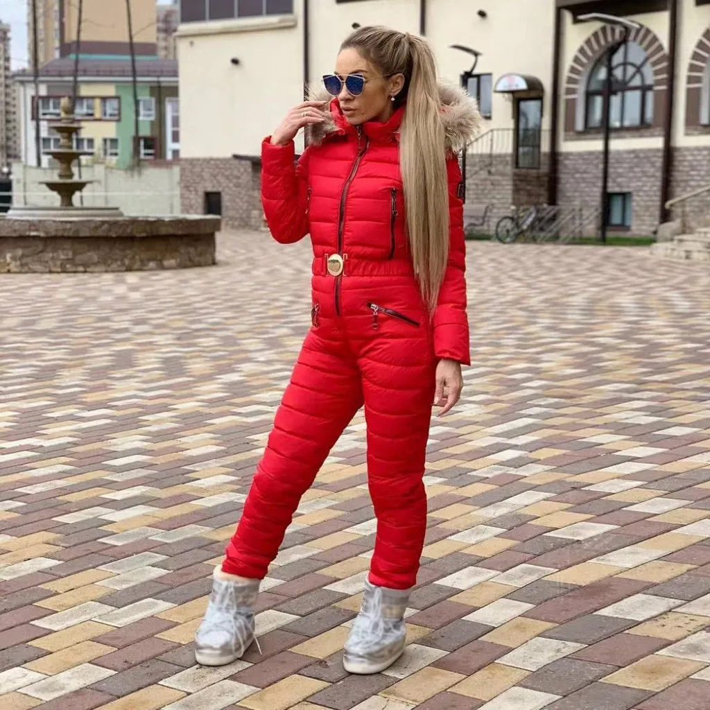 Женский зимний комплект из 2 предметов, теплая куртка, Женский костюм с капюшоном, однотонный комбинезон, элегантный теплый лыжный костюм на молнии, комбинезон, зимний комбинезон, мягкое пальто