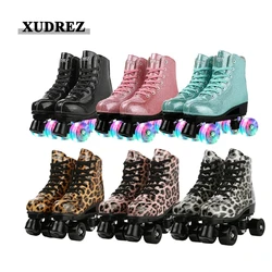 XUDREZ  Double Line Skates Shoes Patines leather Artificial Sneaker Roller Skates Adult Sliding Quad Leopard Pu Flash Wheels