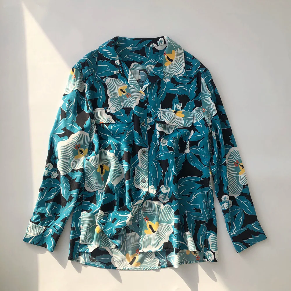 Women High Quality Silk Notched Long Sleeve Floral Printing Blouse Shirt 5