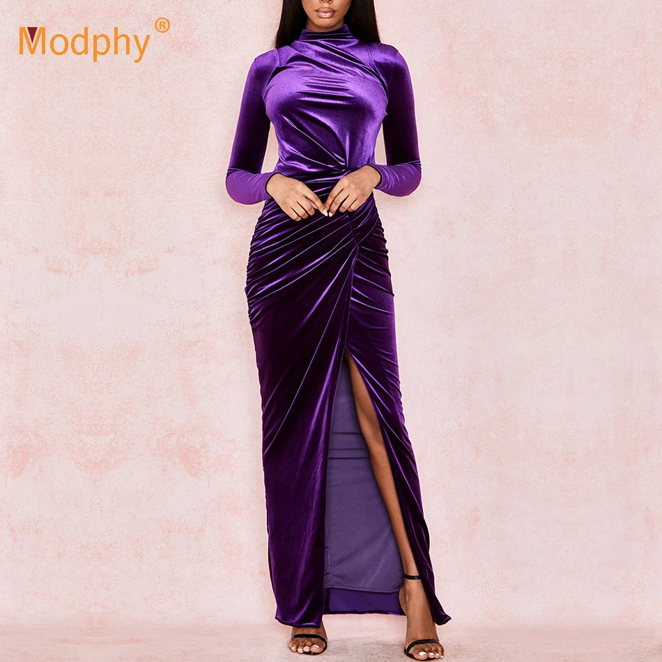 Elegant Purple Velvet Long Dress ...