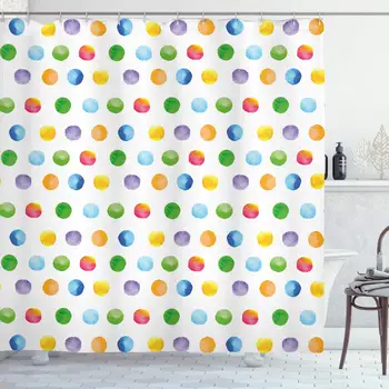 

Abstract Shower Curtain, Big Polka Dots Colorful Circles Watercolor Paintbrush Modern Artwork, Cloth Fabric Bathroom Decor Set