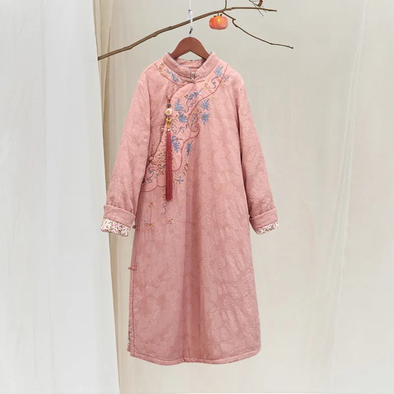 

Winter Stand Collar Xie Jin Cotton-padded Clothes Women's Mid-length Chinese-style Retro Frog Embroidered Padded Dress Literatur
