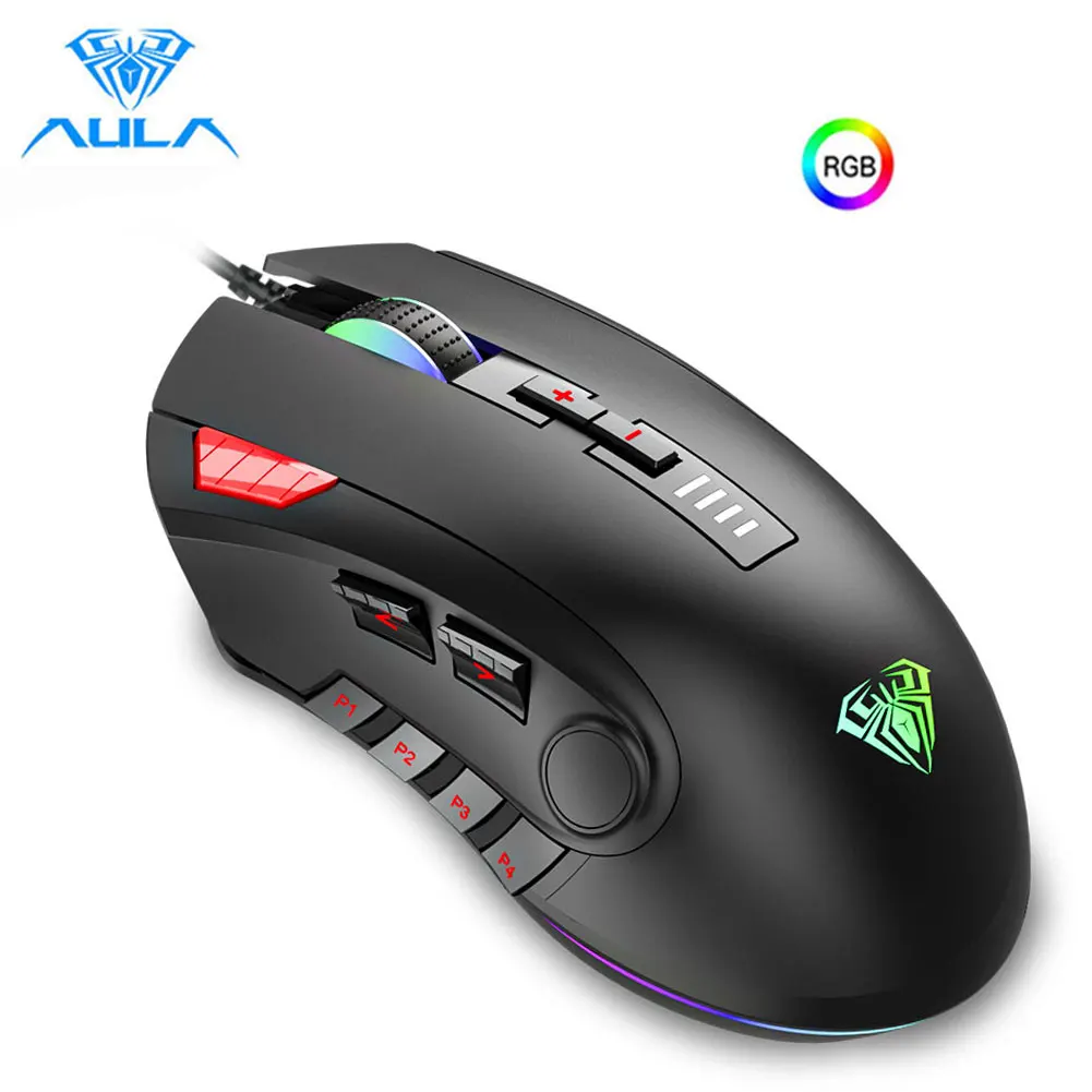 AULA-ratón óptico H512 RGB con retroiluminación para videojuegos, dispositivo con 12 botones de programación, 5000 DPI, con cable USB y teclas de fuego para ordenador portátil y de escritorio