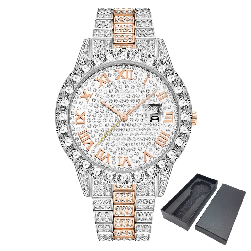 Silver rose gold Роскошные 18 К золотые полностью бриллиантовые часы для мужчин кварцевые Стразы хип-хоп Bling Ice Out мужские часы для мужчин наручные часы из нержавеющей стали - Цвет: Silver rose gold