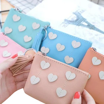 

Patchwork Portable Mini Cute Zipper Heart Embellishment Women Card Package Wallet
