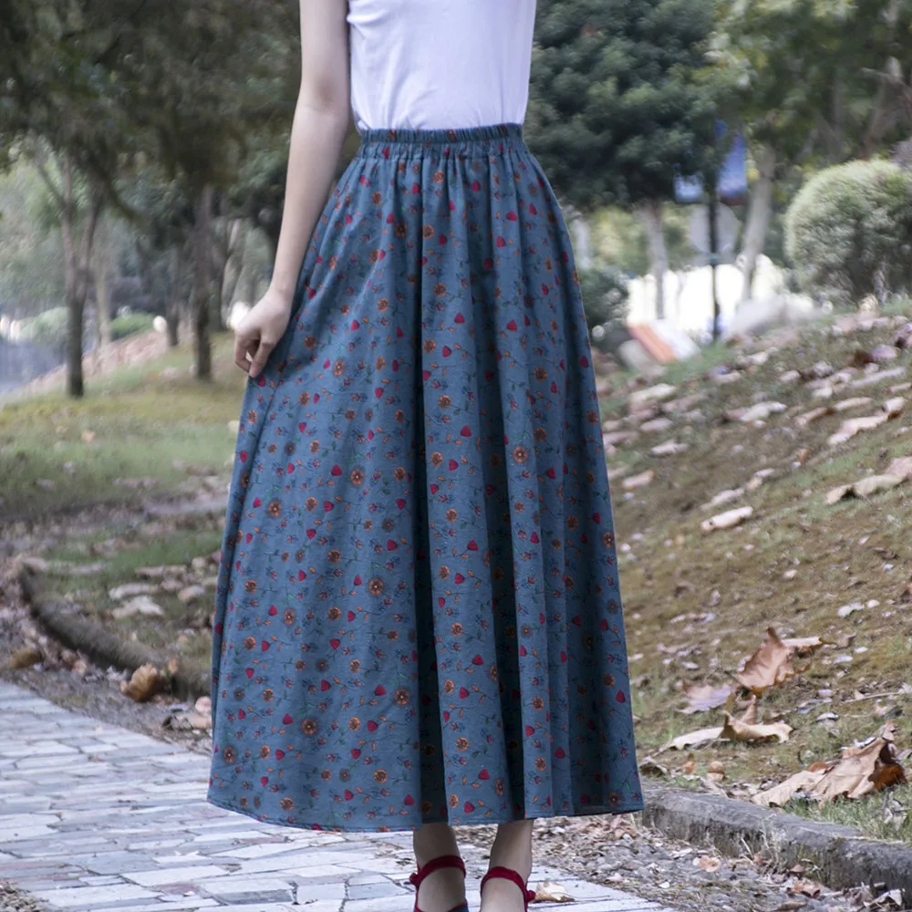 

TIYIHAILEY Free Shipping 2021 New Fashion Long Maxi A-line Elastic Waist Women Cotton And Linen Print Spring Autumn Skirts