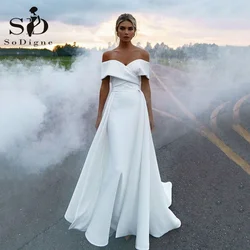 SoDigne Country Simple Wedding Dresses Off Shoulder Satin Mermaid Bride Dress With Detachable Train Women Wedding Party Dress