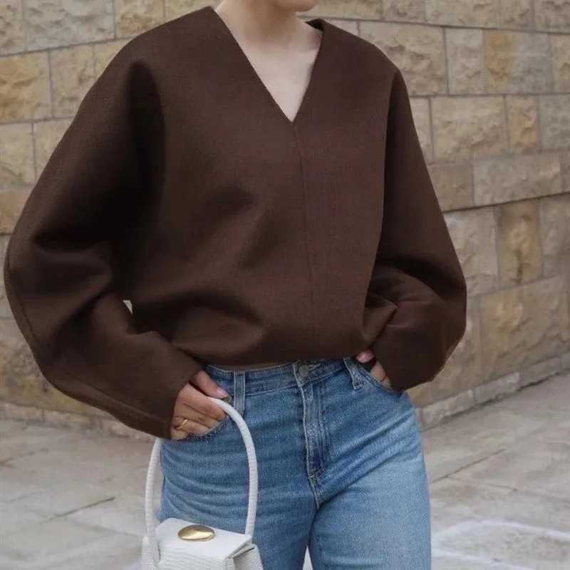 Женский шерстяной свитер с длинным рукавом и V-образным вырезом | Женская одежда