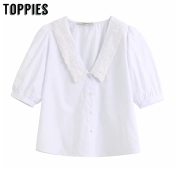 

2020 Embroidery Poplin Shirt Summer Tops Women Short Sleeve White Blouses Sexy Deep V-neck
