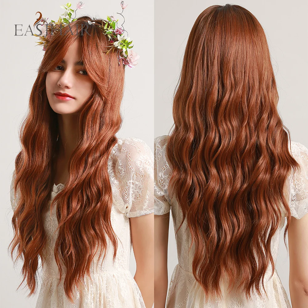 EASIHAIR Copper Red Brown Water Wave Synthetic Wigs with Bang for Women Wedding Princess Hairstyle Heat Resistant Fibers | Шиньоны и