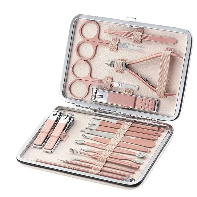 Manucure Kit professionnel en acier inoxydable, 18 outils de couleur