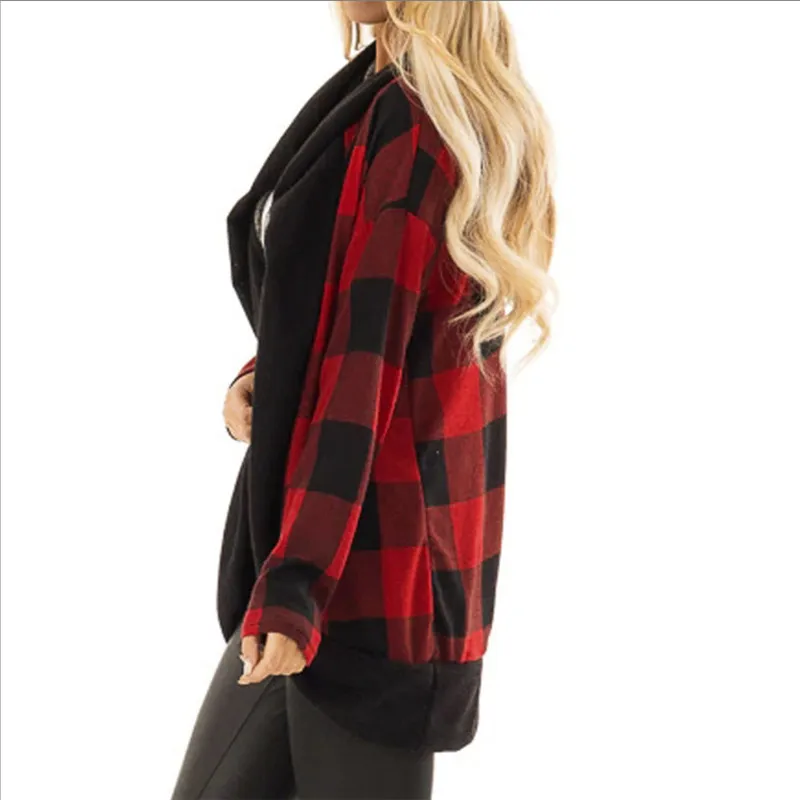 2020 Women Plaid Cardigan Coat Casual Long Sleeve Color Block Open Sitch Coat Top Autumn and Winter Outer Wear Hooded Coat