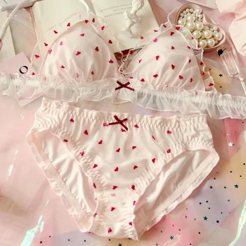 

Red Hearts Cute Japanese Milk Silk Bra & Panties Set Wirefree Soft Underwear Sleep Intimates Set Kawaii Lolita Color White