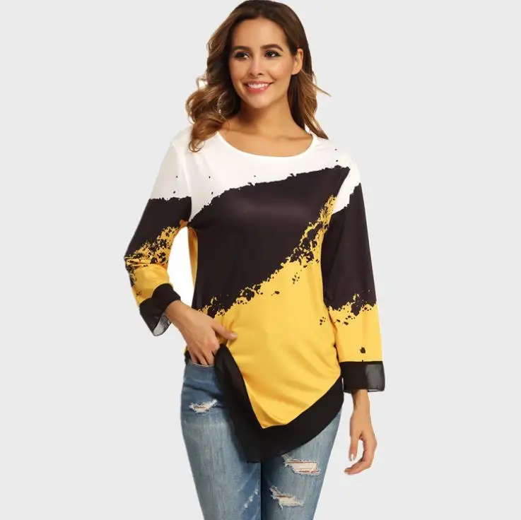 

Shirt Blouse Women Plus size 5XL Fashion New Spring print Tops 3/4 Sleeve Elasticity Splice Female Shirt Casual