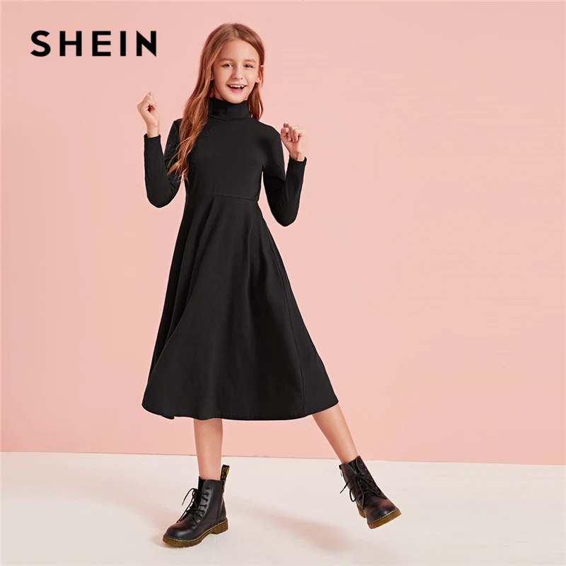 SHEIN Kiddie/однотонное повседневное расклешенное платье с высокой горловиной для детей г. Осенние платья средней длины с высокой талией и длинными рукавами трапециевидной формы для подростков