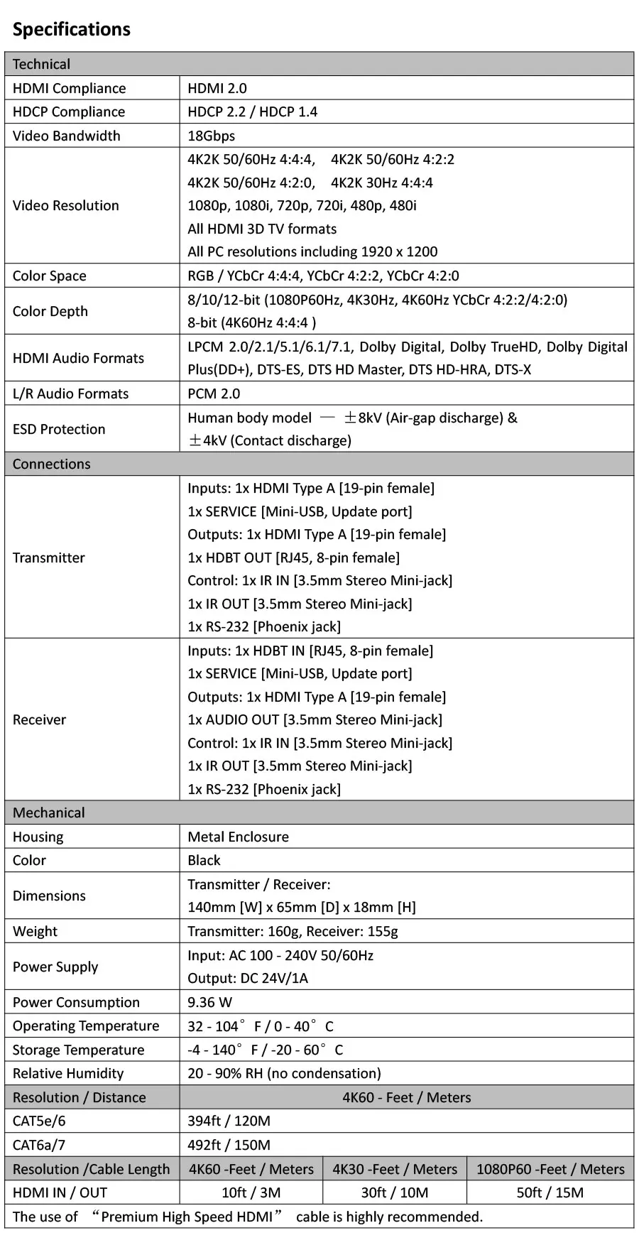 4K 150m HDBaseT HDMI удлинитель поддержка 4K@ 60Hz POC IR с 1 HDMI петлей выхода HD сигнала расширитель