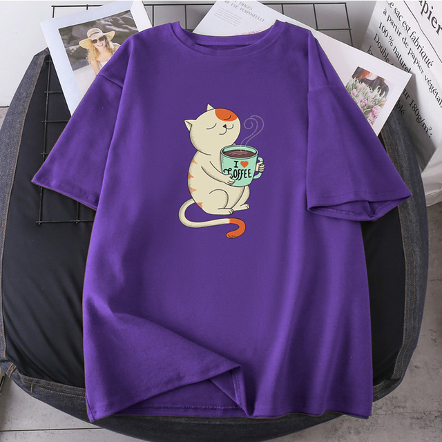 Love Cat Print O-neck 2021 T-shirts Woman Hip Hop Streetwear Tops Fashion High Quality Clothing Short Sleeve Tees K-pop Female