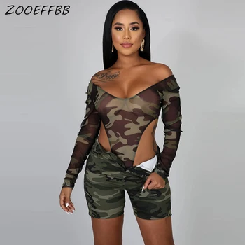 

BOOEFFBB Camouflage 2 Piece Set Women 2020 Fashion Clothing Mesh Sheer Bodysuit and Shorts Suit Matching Sets Sexy Club Outfits