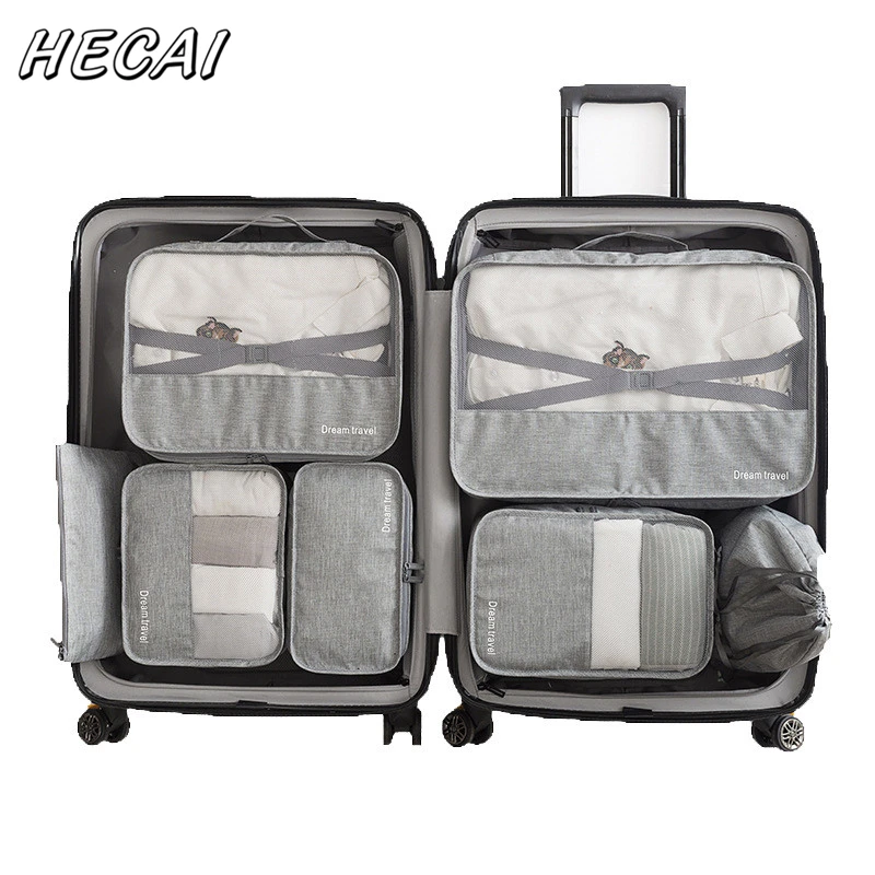 

Solid color 7 PCS/Set High Quality Oxford Cloth Travel Mesh Bag hand luggage Travel Bag Packing Cube Organiser For Clothing