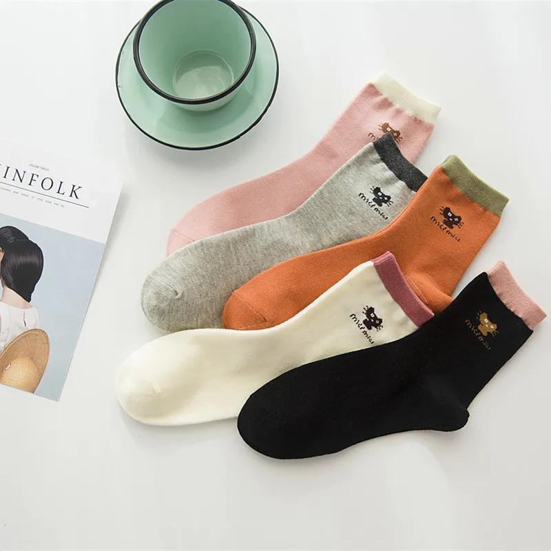 5 Pairs 5 Pairs Hot Sale Cartoon Animal Kawaii Cat Embroidery Cotton Women Sock Comfortable Soft Spring Autumn Winter Fashion Crew Socks - Цвет: 5 Pairs