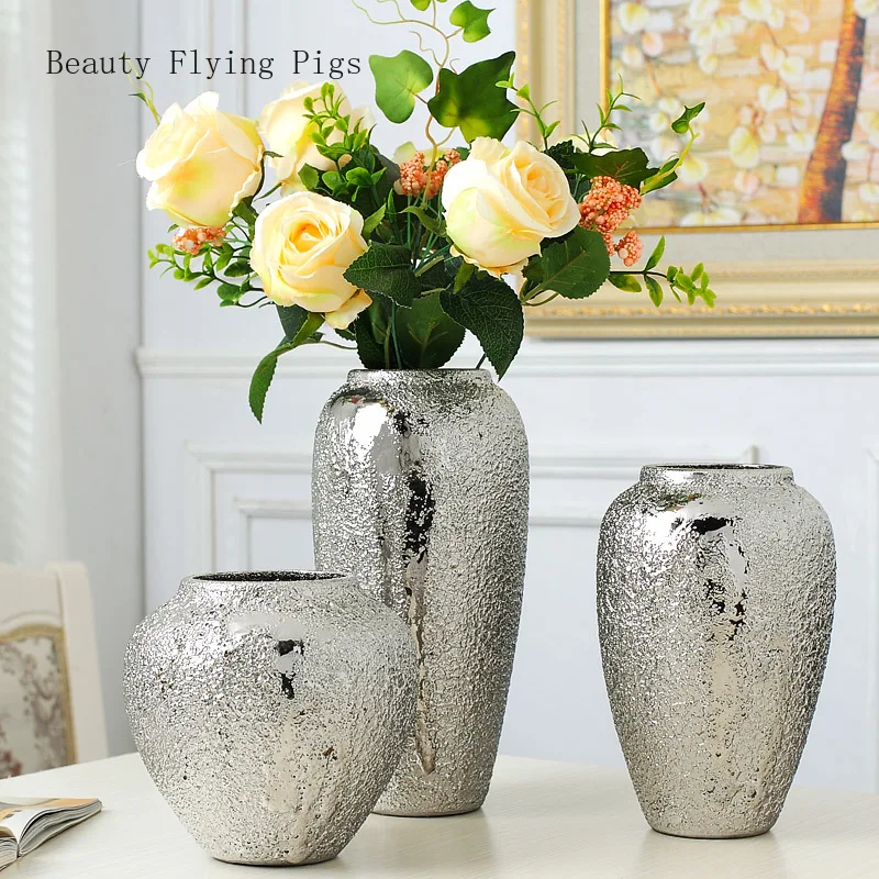 cheap 3Pcs Direct sales modern home TV cabinet wine cabinet decorations vase flower insert creative ceramic art silver plated display
