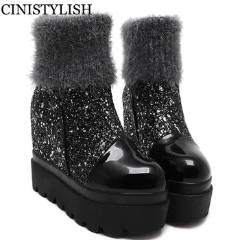 

silver black bling shoes on platform wedges women socks boots patent leather Gothic style cloth mid-calf chelsea boots shoes