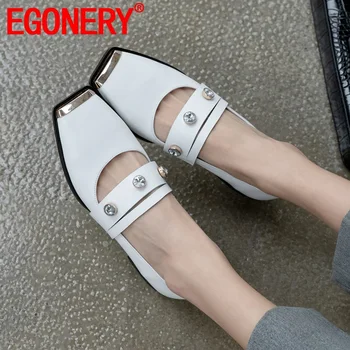 

EGONERY cool cow leather mary Jane shoes spring punk sheepskin insole flats crystal diamond flats woman square toe Loafers