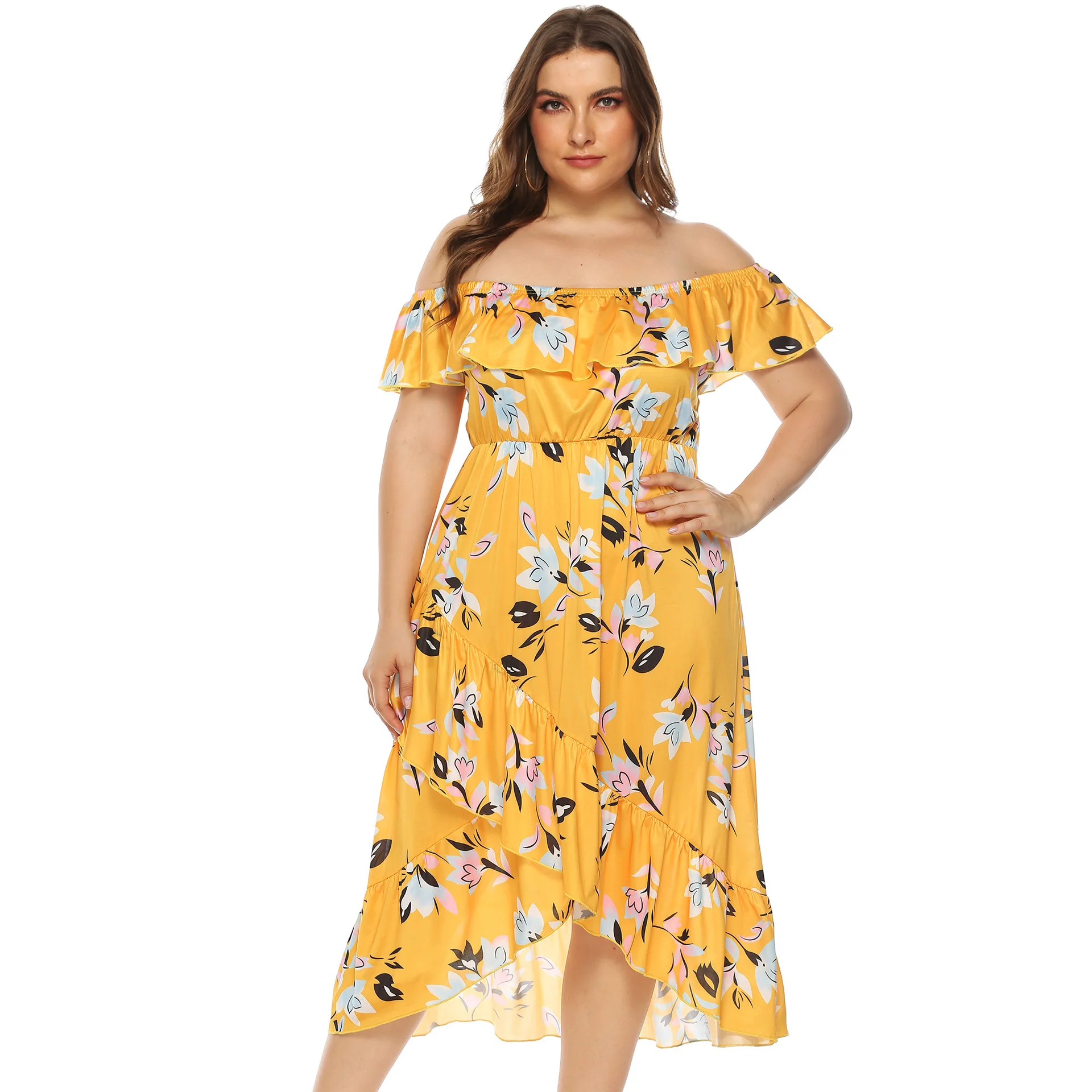 

Large Size Dress Flower Printed Horizontal Neck Wrap-around off-Shoulder Irregular Flounced Waist Hugging Dress Women's 11067
