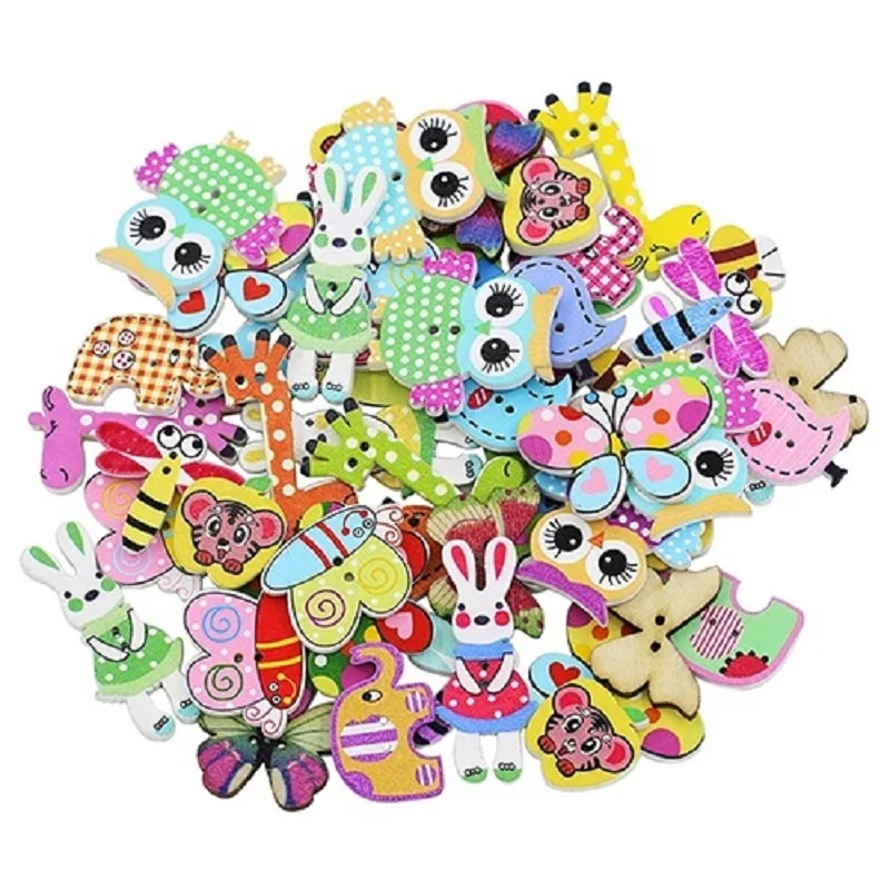 

50 PCS Mixed Cartoon Painted Wooden Button DIY Buttons Sewing Scrapbooking Clothing Accessories Random
